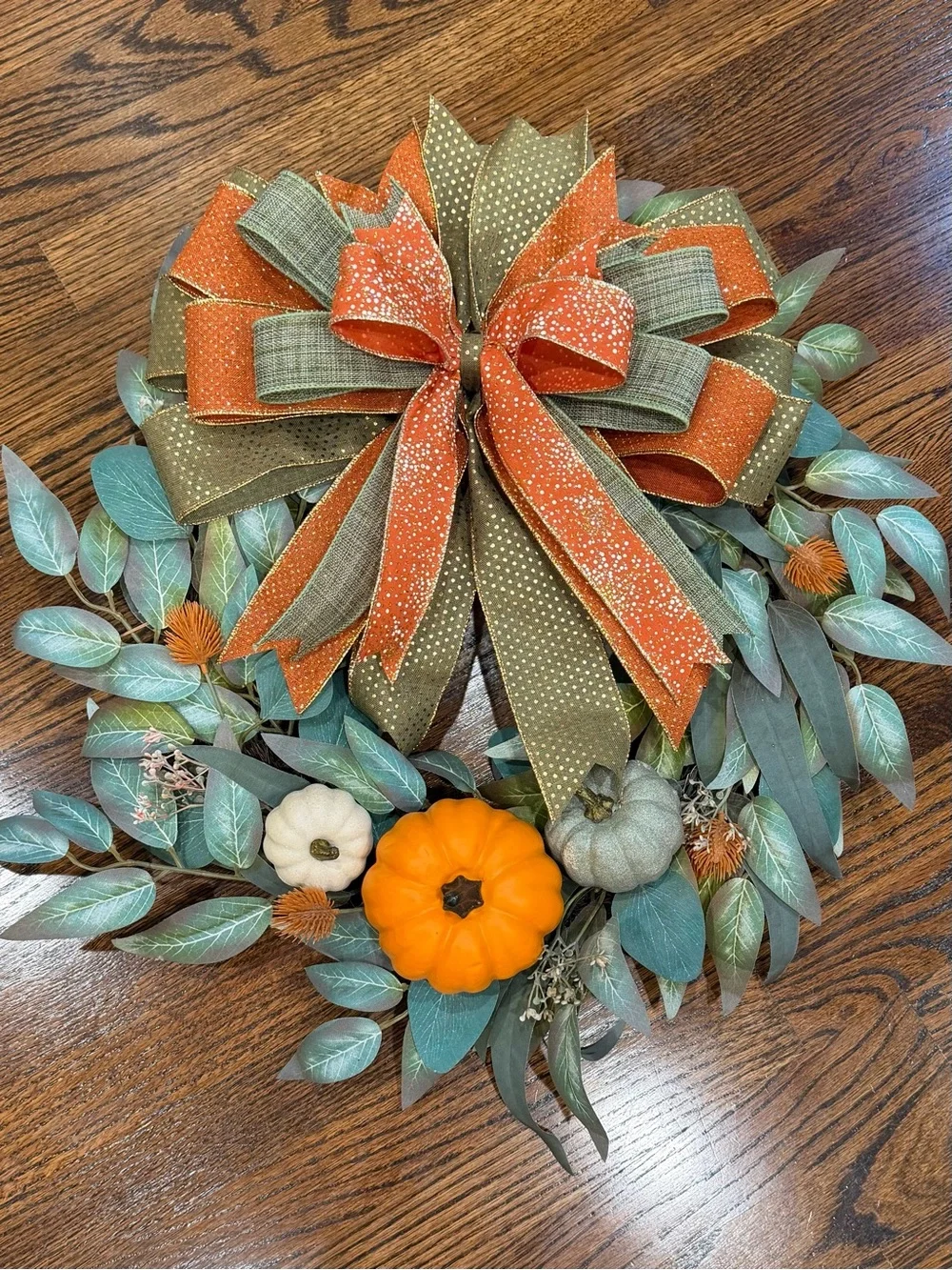 Autumn Harvest Pumpkin Wreath with Orange and Olive Bow